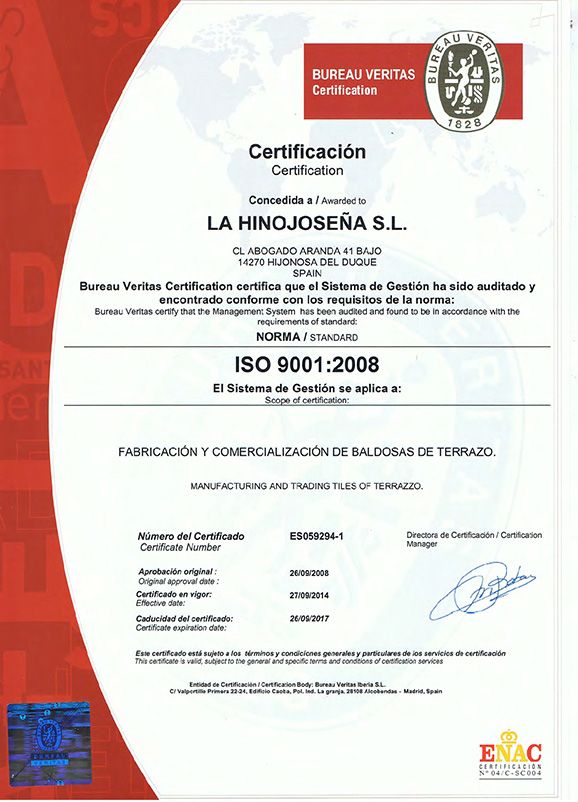 LA HINOJOSEÑA, S.L. - ISO 9001 - 2008